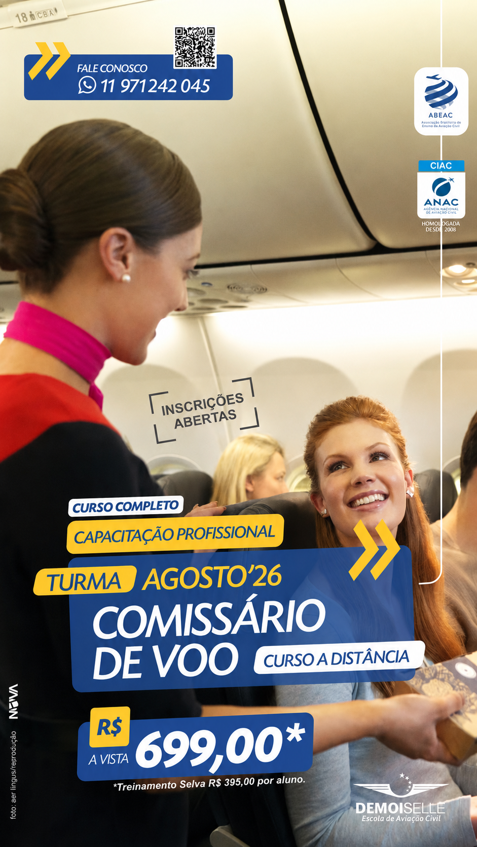 Sobre o curso EADCMV77 Curso de Formação Profissional de Comissário de Voo - Turma AGOSTO 2026
